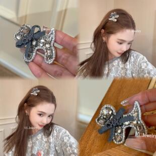 款 简约百搭 式 卡通小狗蝴蝶结发夹 闪亮水钻边夹 可爱好看 优依家