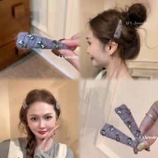 复古闪亮水钻 好看特别刘海对夹 流行紫色系毛线发夹 式 一对价格款
