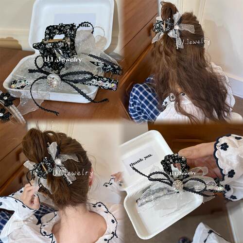 优依家 款式好看特别 流行网纱飘带 蝴蝶结鲨鱼夹 闪亮水钻鲨鱼夹