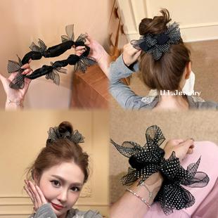 优依家 新款仙女头花 经典黑白点 网纱蝴蝶结发圈 百搭气质马尾圈
