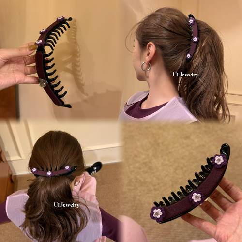优依家 两面款式不一样时髦流行紫色发夹 针织小花闪亮水钻香蕉夹