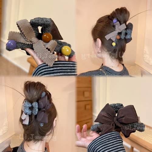 优依家 鲨鱼夹两面款式不一样 经典海绵蝴蝶结 彩色珠珠盘发抓夹