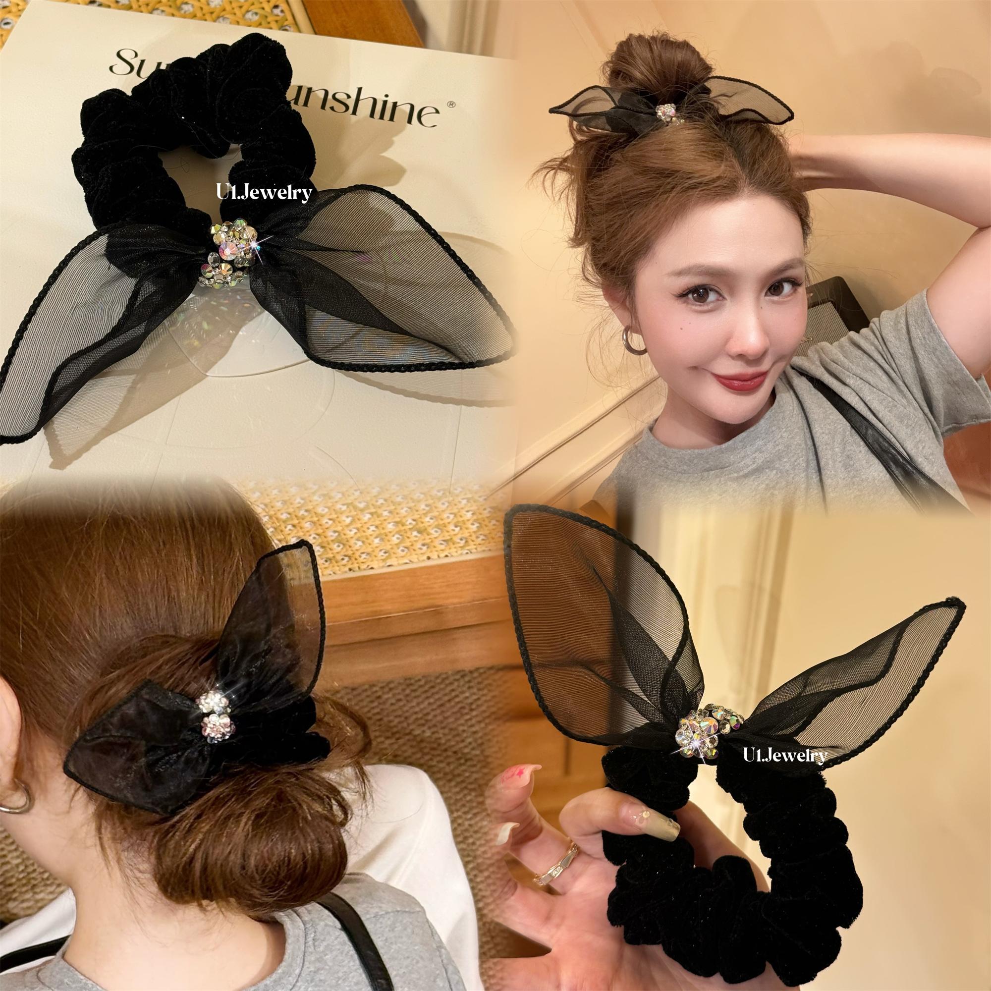 优依家 经典黑色网纱蝴蝶结发圈 复古高级闪亮水钻简约不简单头花