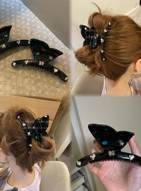 优依家 好材质大号黑色抓夹 复古闪亮爱心水钻蝴蝶发抓好看鲨鱼夹