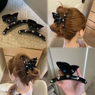 优依家 好材质大号黑色抓夹 复古闪亮爱心水钻蝴蝶发抓好看鲨鱼夹