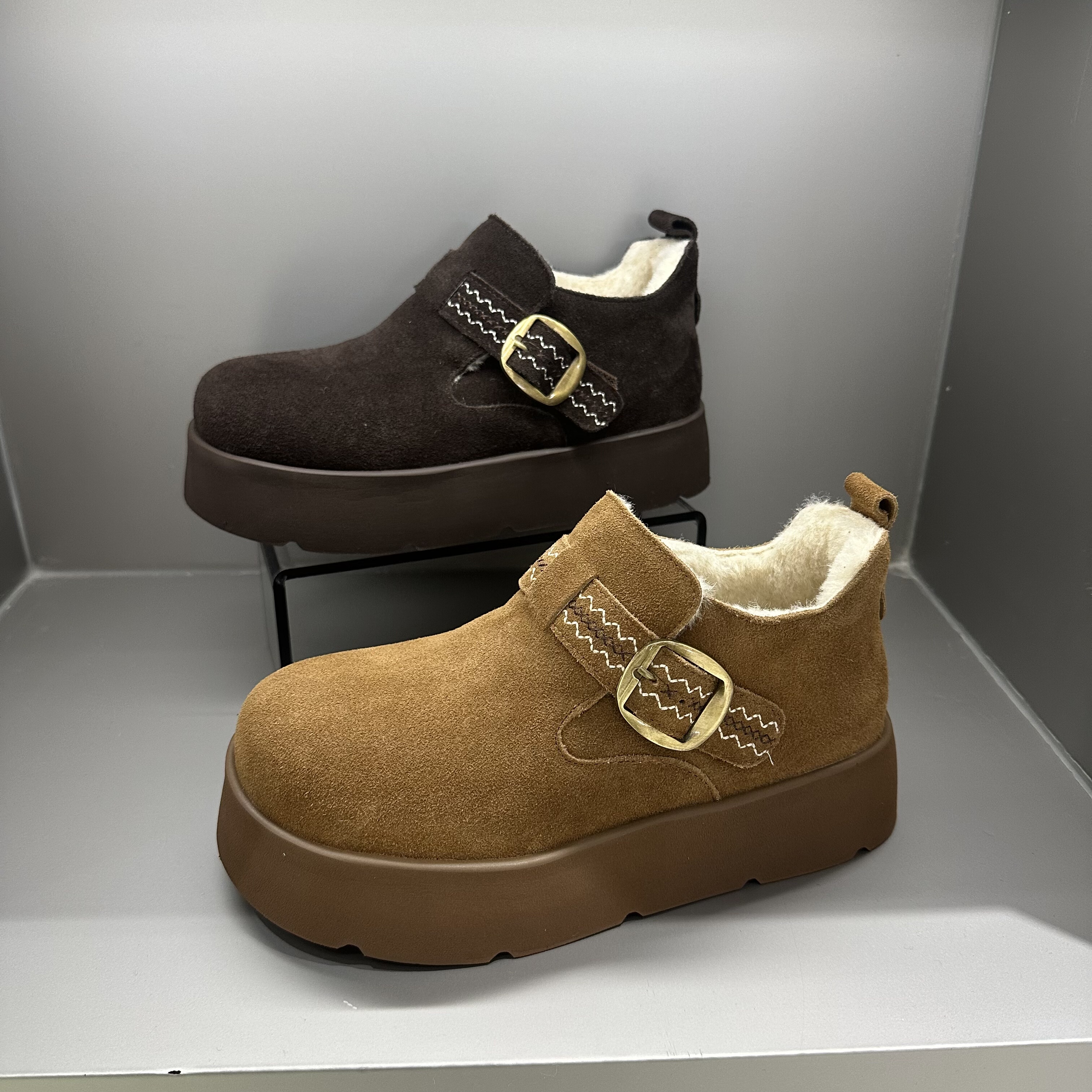 茵茵家欧洲站真皮圆头厚底加绒博肯鞋2025冬季新款女百搭防滑棉鞋