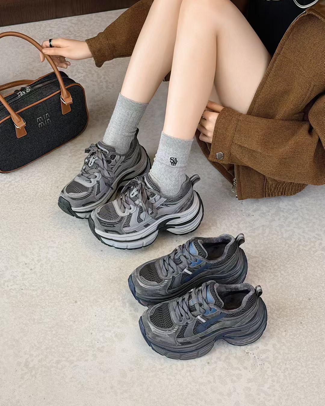 茵茵家2025秋冬季新款韩版牛皮厚底增高老爹鞋女轻便休闲运动棉鞋