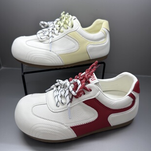 茵茵家2026春秋新款真皮平底圆头德训鞋女轻便舒适百搭休闲小白鞋