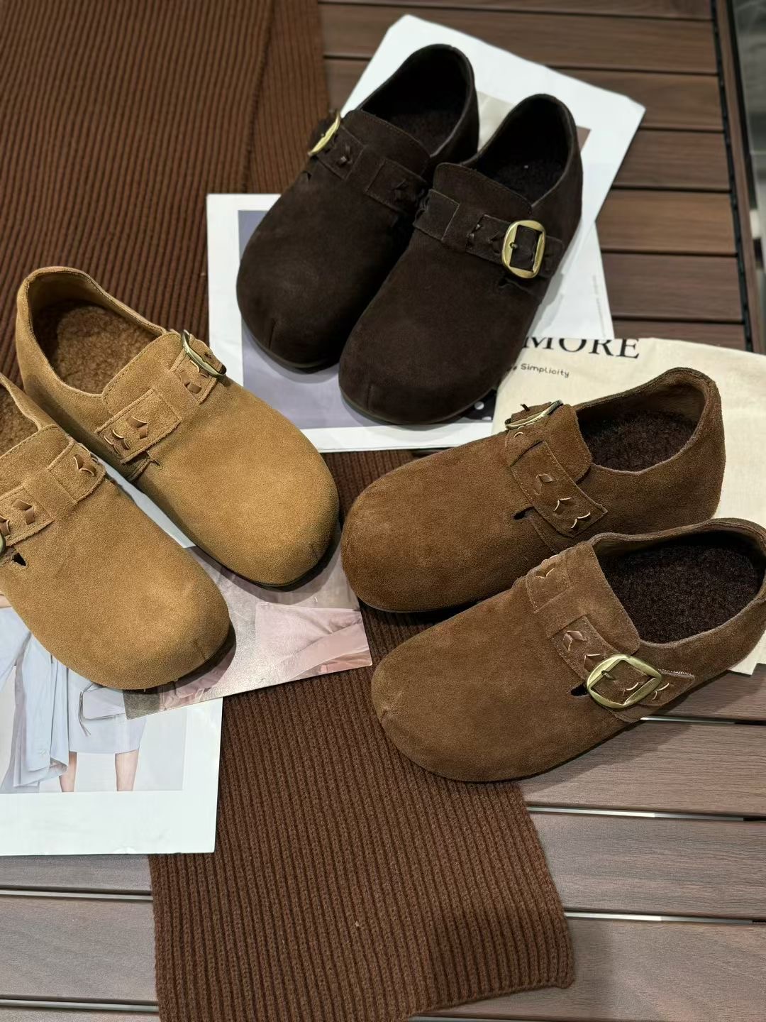 茵茵家2025秋冬新款韩版磨砂牛皮圆头松糕底加绒保暖勃肯鞋女棉鞋