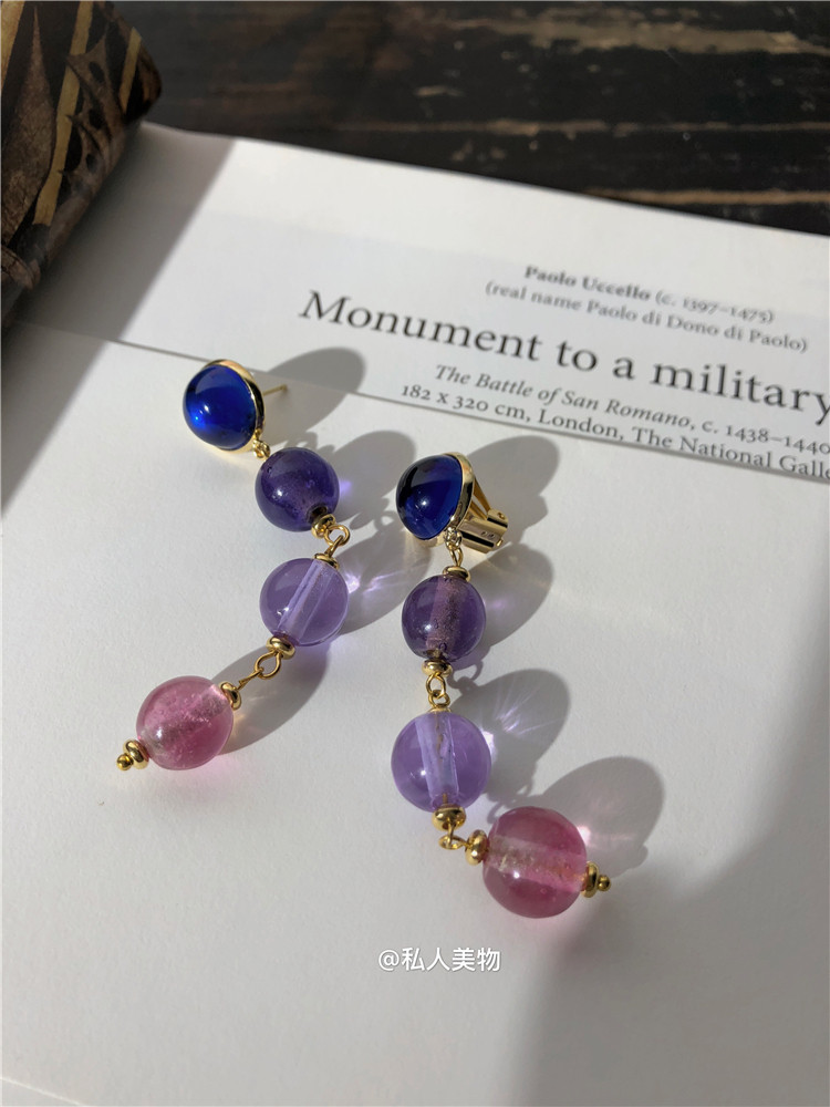 香奶奶糖果碧玺紫色粉色蓝色琉璃vintage扫肩长耳环925银耳环耳夹