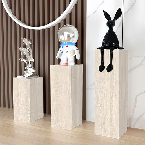 中古侘寂风米黄洞石岩板玄关底座展示台立柱方橱窗陈列摆件花架