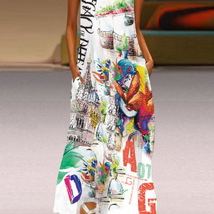 亚马逊外贸女装时尚插画印花长裙波西米亚无袖大码沙滩连衣裙