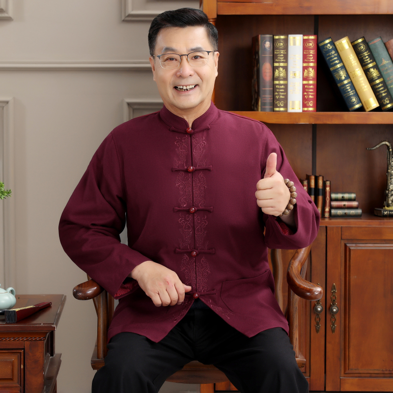 中老年唐装男长袖套装春秋中式夹克爷爷秋装外套老人冬季加厚棉衣