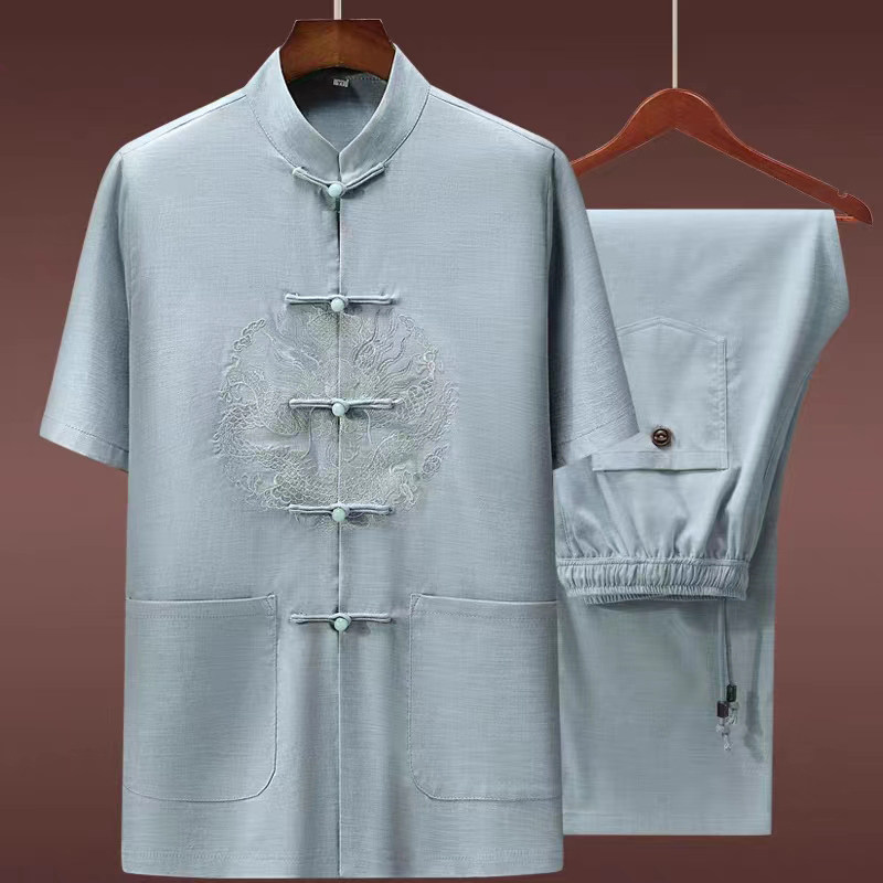 中国风唐装男夏季短袖亚麻中老年爸爸衬衫棉麻套装爷爷装夏天衣服