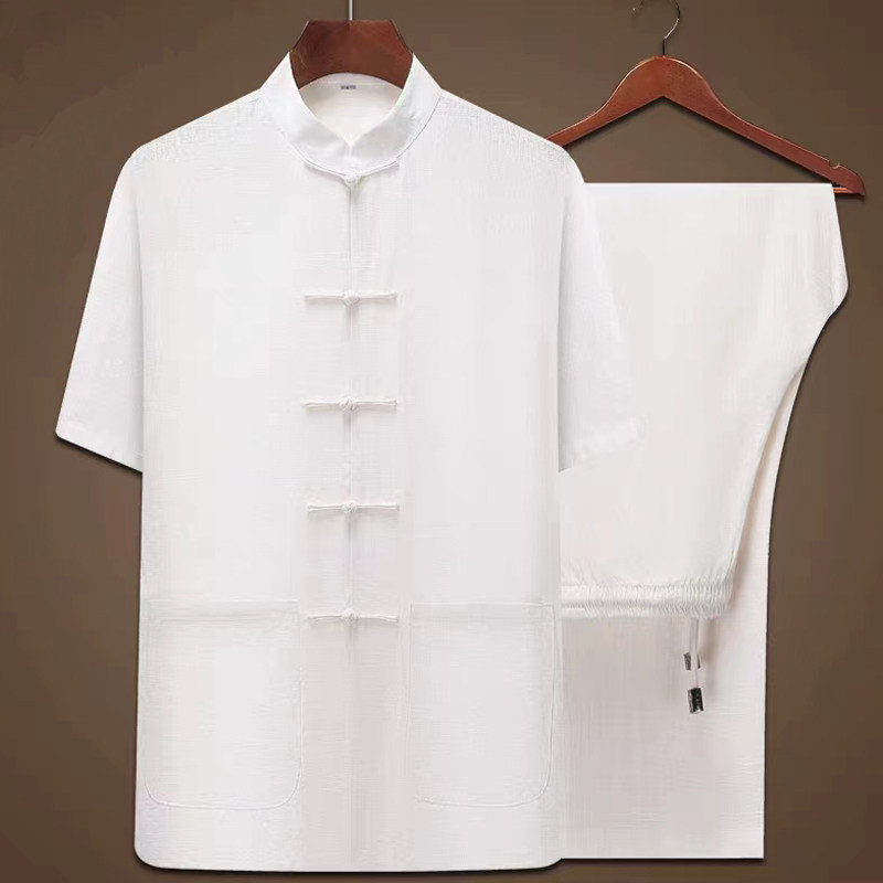 爸爸夏装短袖运动套装中老年人棉麻唐装男爷爷中式休闲衣服居士服