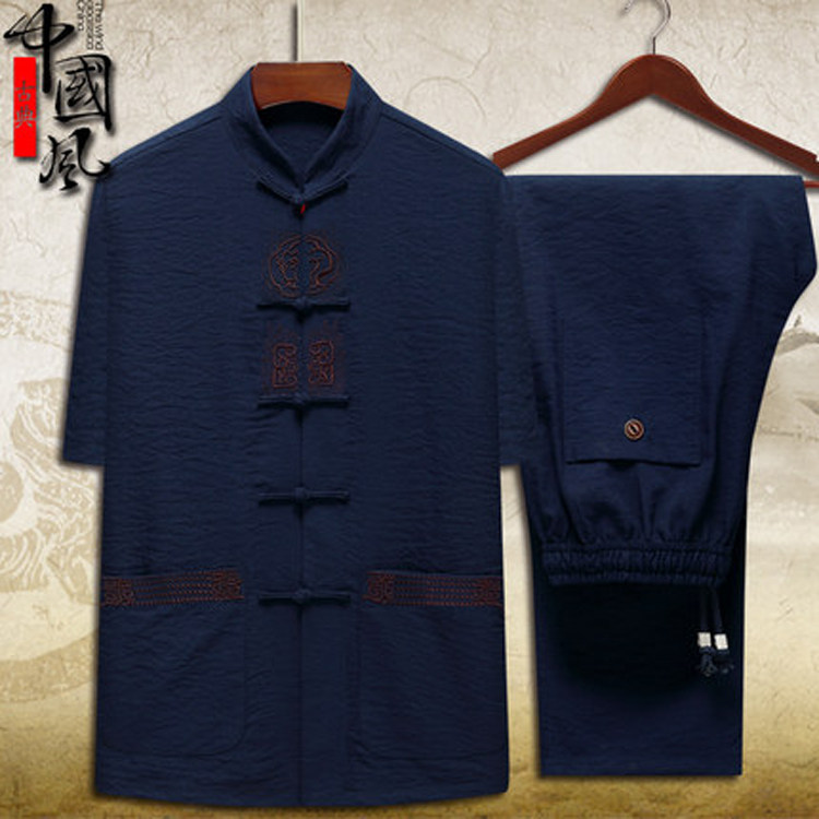 中国风唐装男士短袖中老年人夏装爷爷装亚麻棉麻套装爸爸汉服禅服