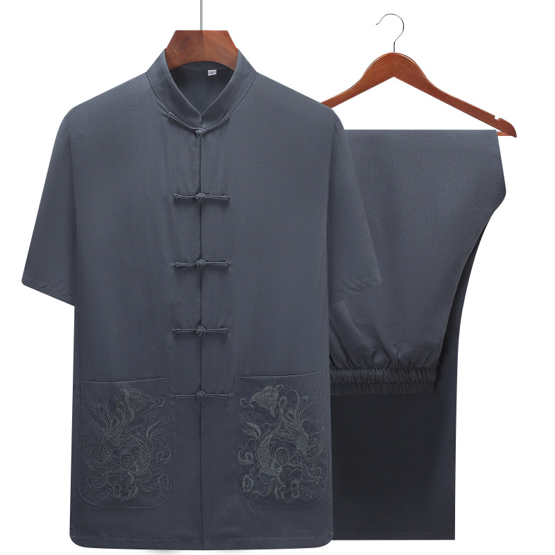 夏季唐装男短袖棉麻中老年亚麻爸爸夏装套装爷爷夏天衣服薄款汉服