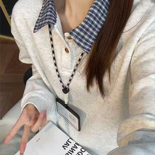 日系卫衣polo衫男款春季正肩拼接格子上衣设计感小众宽松外套潮流