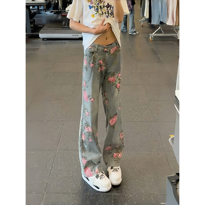 美式高街玫瑰提花牛仔裤