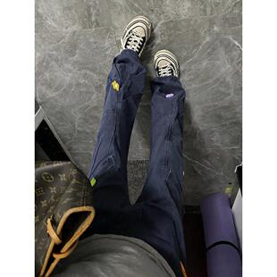 韩版蓝色花瓣刺绣水洗chic牛仔裤春季高街弯刀裤子工装直筒裤男款