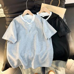 韩版夏季小众假两件V领t恤短袖男款宽松男男情侣百搭半袖圆领体恤