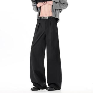 压褶垂感拖地百搭阔腿裤 美式 子 男春季 老钱风立体裁剪休闲弯刀西裤