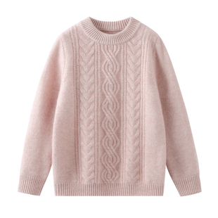 三股特厚儿童山羊绒衫女童扭花山羊绒毛衣男童纯色套头短款羊毛衫