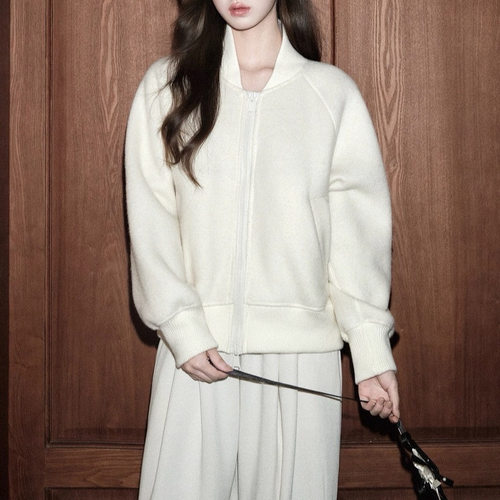 avenement/羊毛混纺廓形立领外套休闲宽松绒感开衫棒球服女秋冬