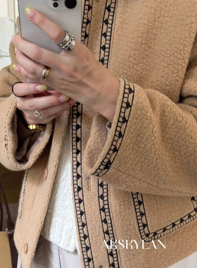 AKskylan 重工刺绣羊毛毛呢外套女气质法式小香风夹克短外套85595