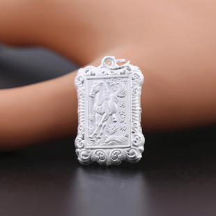 s990足银双面十二生肖吊坠马羊男士中国风女生护身符转运方形项链