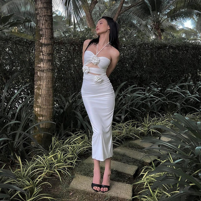 安卡妮 甜辣挂脖连衣裙女夏季白色镂空性感裙子一字肩抹胸包臀裙