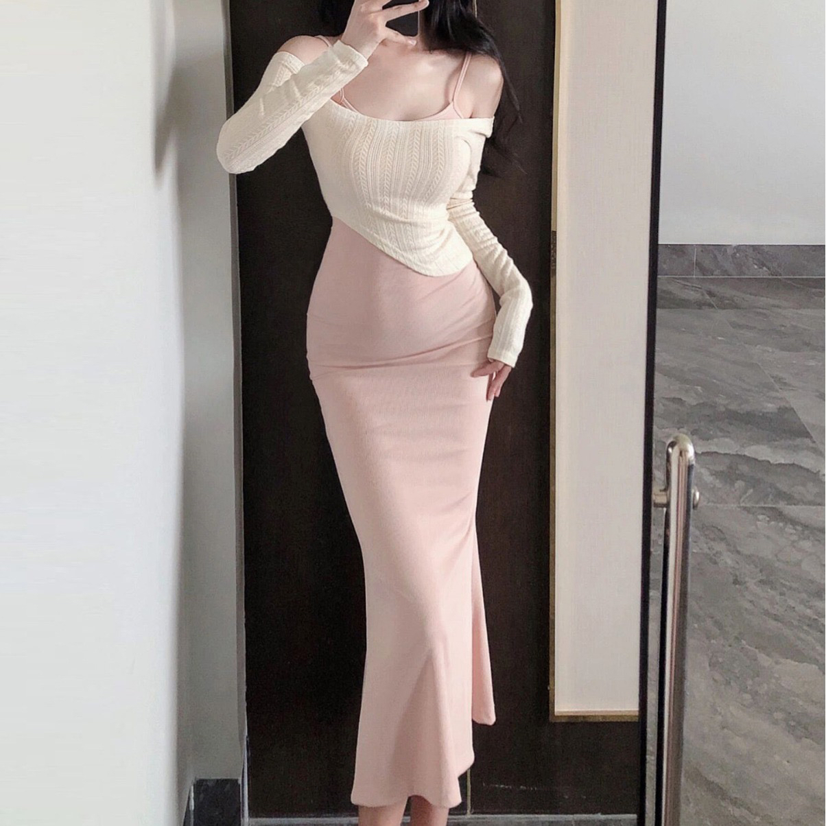 2024秋季女装新款裙子纯欲性感吊带包臀连衣裙不规则罩衫两件套装