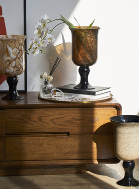 高脚复古棕色花瓶器摆件玻璃法式