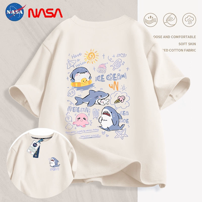 NASA卡通发光小狗纯棉短袖t恤夏