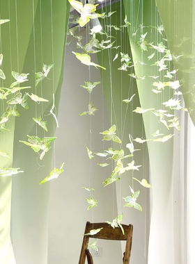 春季水晶蝴蝶挂饰商场绿色系吊饰背景装饰渐变绿色半透明纱幔