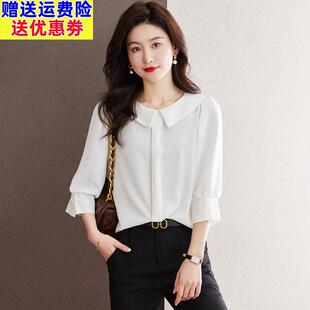 娃娃领白衬衫女半袖2023春夏新款韩范套头垂感雪纺上衣设计感小众