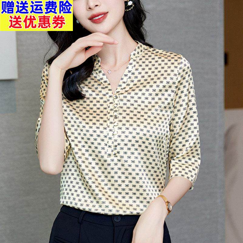 高端奢华真丝上衣女夏季2025新款妈妈丝绸缎面短袖T恤桑蚕丝衬衫