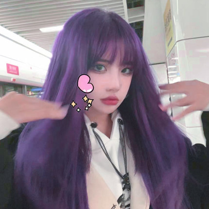网红紫色假发女长发Lolita自然长直发气质圆脸齐腰假毛修脸全头套