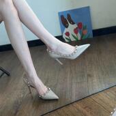 成年礼 尖头侧空单鞋 绝美铆钉祼色黑色高跟鞋 设计感气质2025年新款