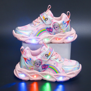 女童鞋子艾莎公主儿童运动鞋带灯秋冬新款加绒皮面二棉女孩休闲鞋