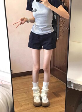 休闲黑色工装棉麻短裤三分裤女夏季小个子a字高腰宽松显瘦阔腿裤