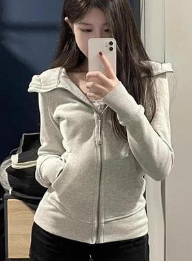 修身卫衣外套女秋冬季灰色紧身上衣早秋季穿搭lulu doll女装短款