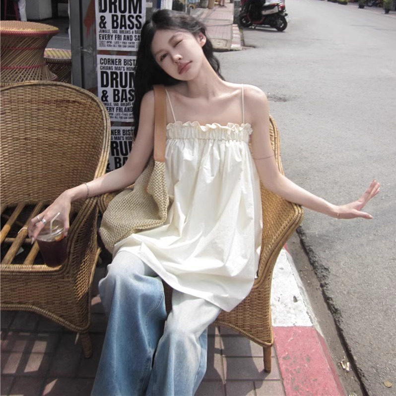 度假风木耳边褶皱无袖吊带背心