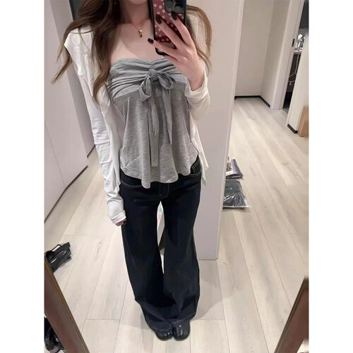 春季白色纯欲荷叶边长袖T恤