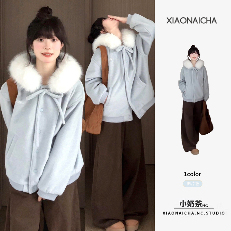 学院风蓝色蝴蝶结连帽毛领外套