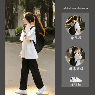 学院风女装夏季韩版阔腿裤一套衣服初中学生少女搭配全整原宿套装