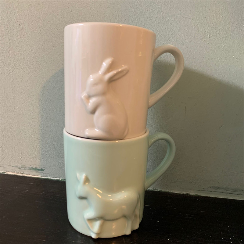 久物 日式小清新浮雕小兔子马克杯粉色水杯釉下彩小动物系列杯