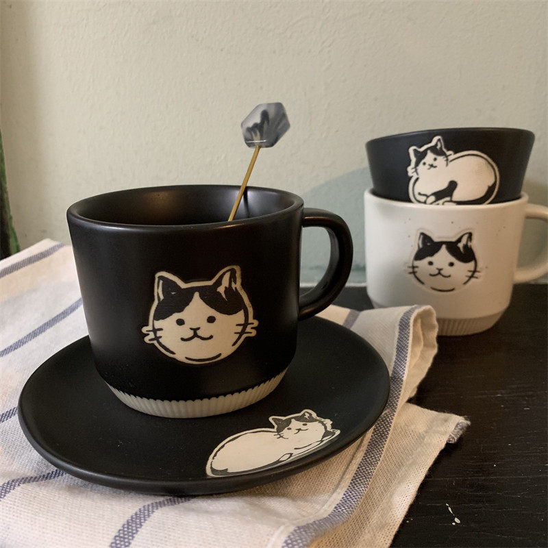 久物 日式粗陶马克杯 釉下彩黑色手绘猫咪系列水杯小容量杯