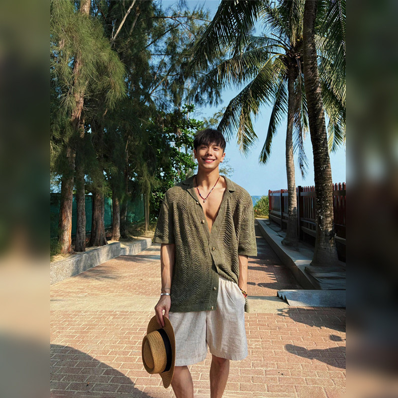 高端老钱风古巴领镂空针织夏季男衬衫夏威夷海边度假宽松短袖衬衣