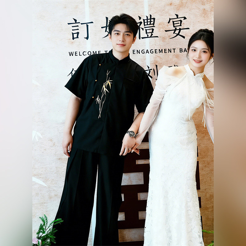 高端新中式短袖衬衫订婚衣服男士夏季套装金竹刺绣立领衬衫敬酒服